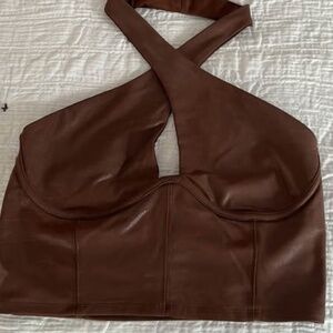 Brown Leather Halter Crop Top